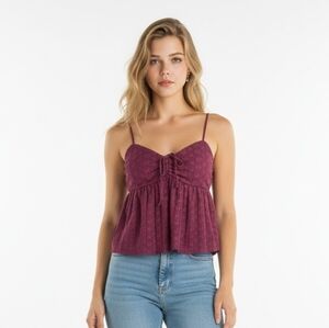 No Boundaries Women's Burgundy Babydoll Lace Top with Adjustable Straps Small